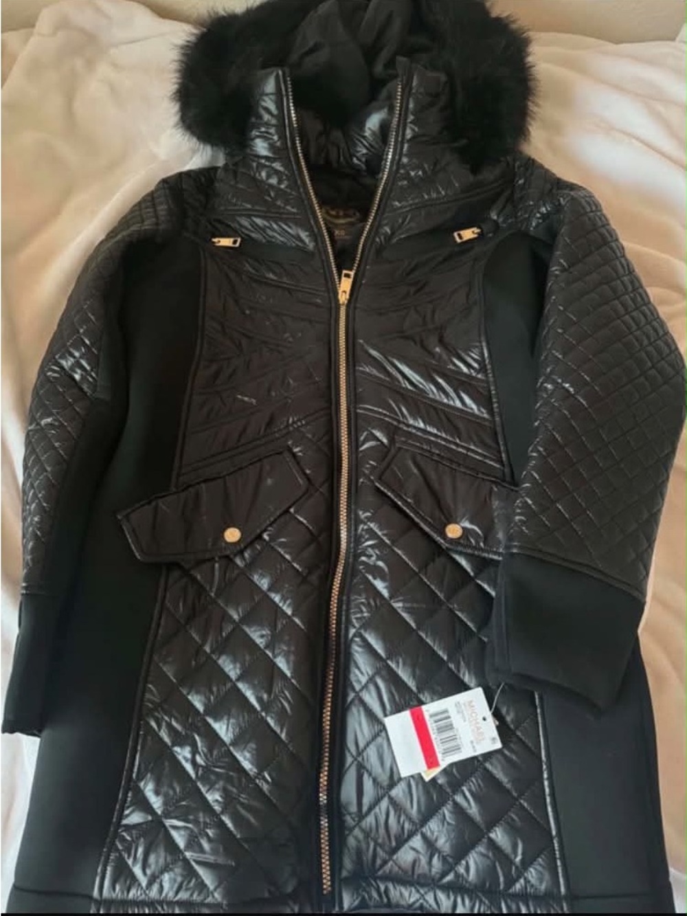 Michael Kors Black Quilted Hooded Puffer Coat with Faux-Fur Trim